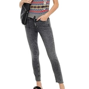 Rag & Bone Cate Mid-Rise Ankle Skinny Jean- Distressed Dark Grey with Raw Fringe